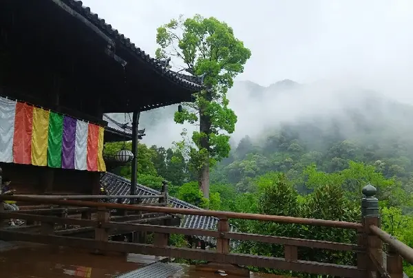 懸け造りの外舞台から見る初瀬の峰