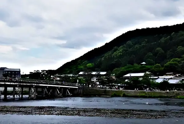 渡月橋から見える青い多宝塔が目印